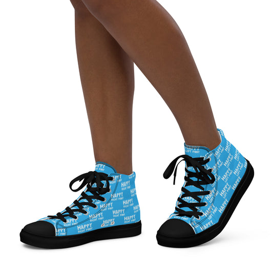 Walking left in womens HappyStuff high tops blue canvas sneakers black sole Happy Left Foot Happy Right Foot Pattern Print each on relevant shoe