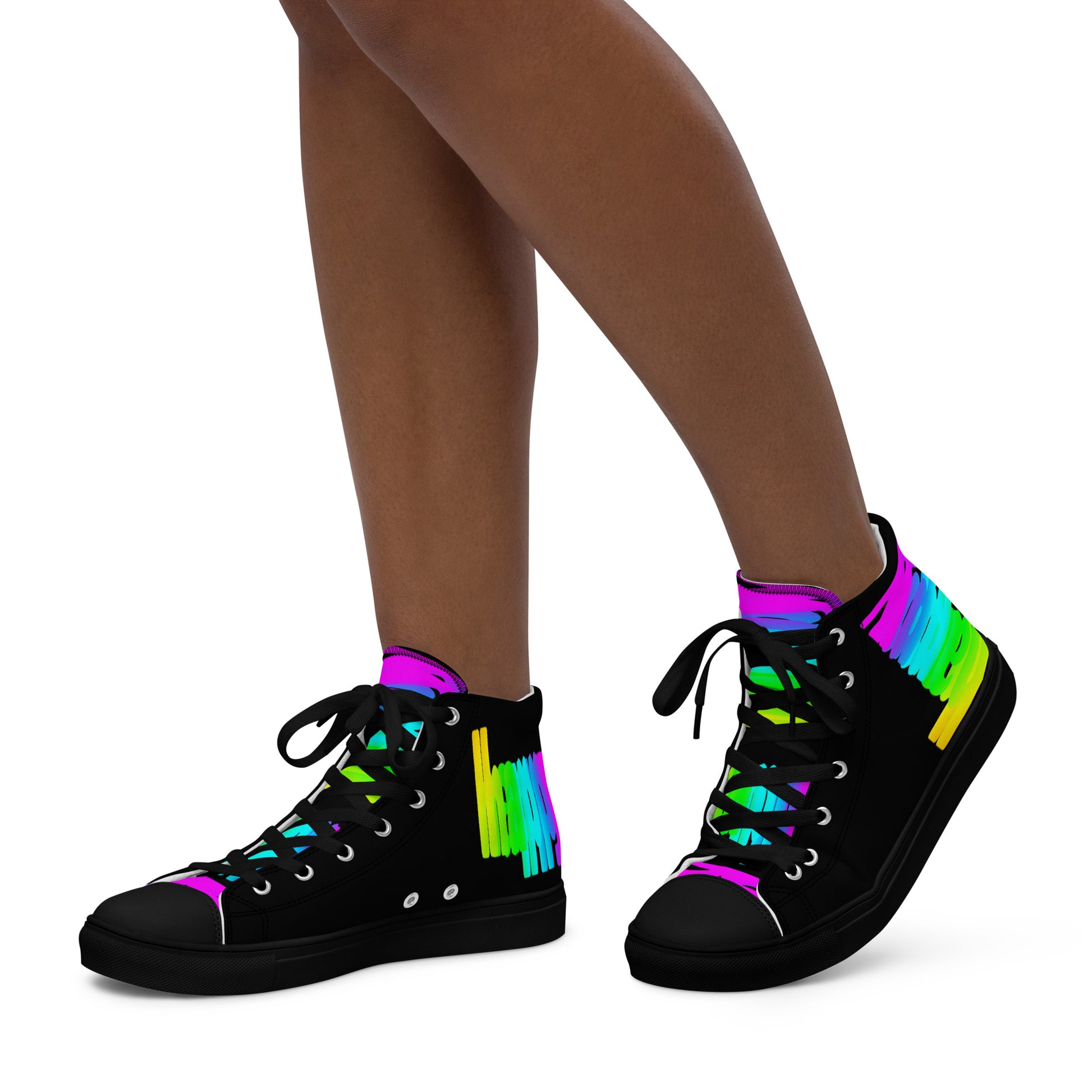 Walking left in womens sneakers HappyStuff rainbow shoes black high tops black sole with Happy Rainbow Painted bright colour spectrum print