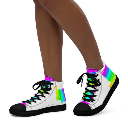 Walking left in womens sneakers HappyStuff rainbow shoes white high tops black sole with Happy Rainbow Painted bright colour spectrum print