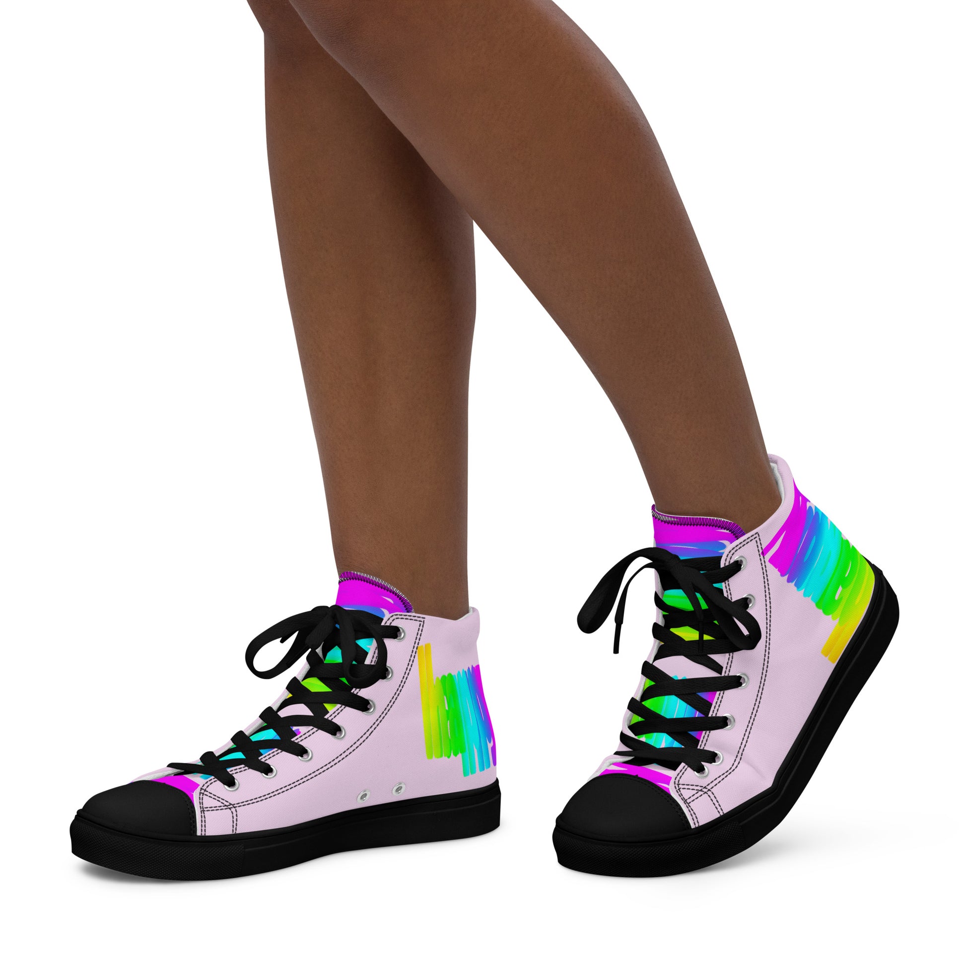 Walking left in womens sneakers HappyStuff rainbow shoes pink high tops black sole with Happy Rainbow Painted bright colour spectrum print