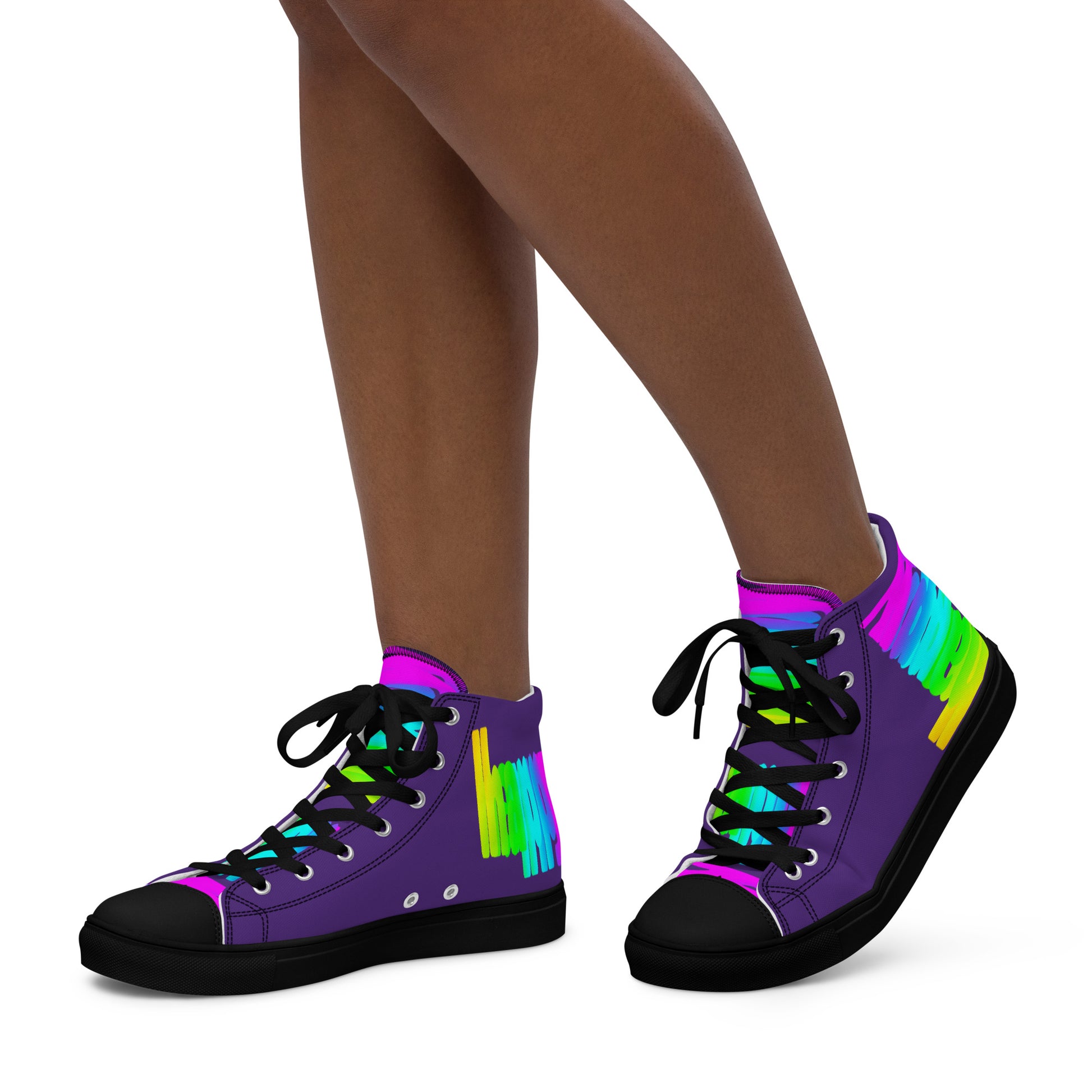 Walking left in womens sneakers HappyStuff rainbow shoes purple high tops black sole with Happy Rainbow Painted bright colour spectrum print