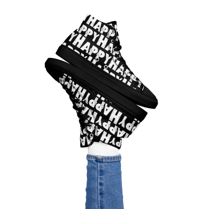 Womans right foot propping up a Happy Sponge Printed High Top Sneaker balancing left HappyStuff fun black and white shoes black sole