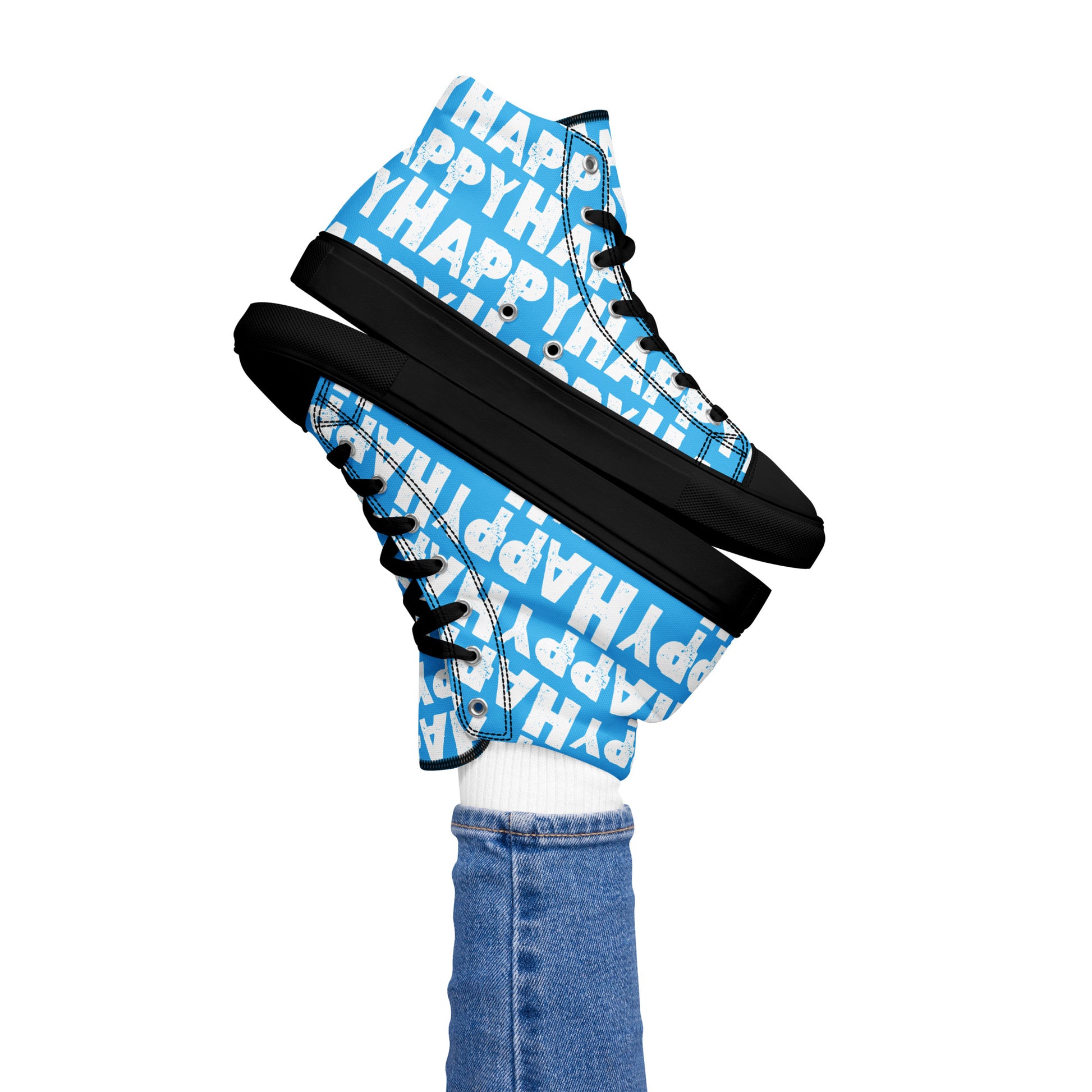 Womans right foot propping up a Happy Sponge Printed High Top Sneaker balancing left HappyStuff fun blue and white shoes black sole