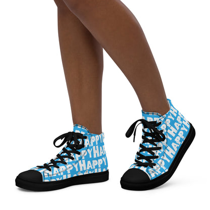 Womans feet walking in happy shoes Happy sponge printed high top canvas sneakers blue and white shoes black sole HappyStuff brand