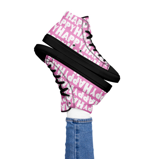 Womans right foot propping up a Happy Sponge Printed High Top Sneaker balancing left HappyStuff fun pink and white shoes black sole