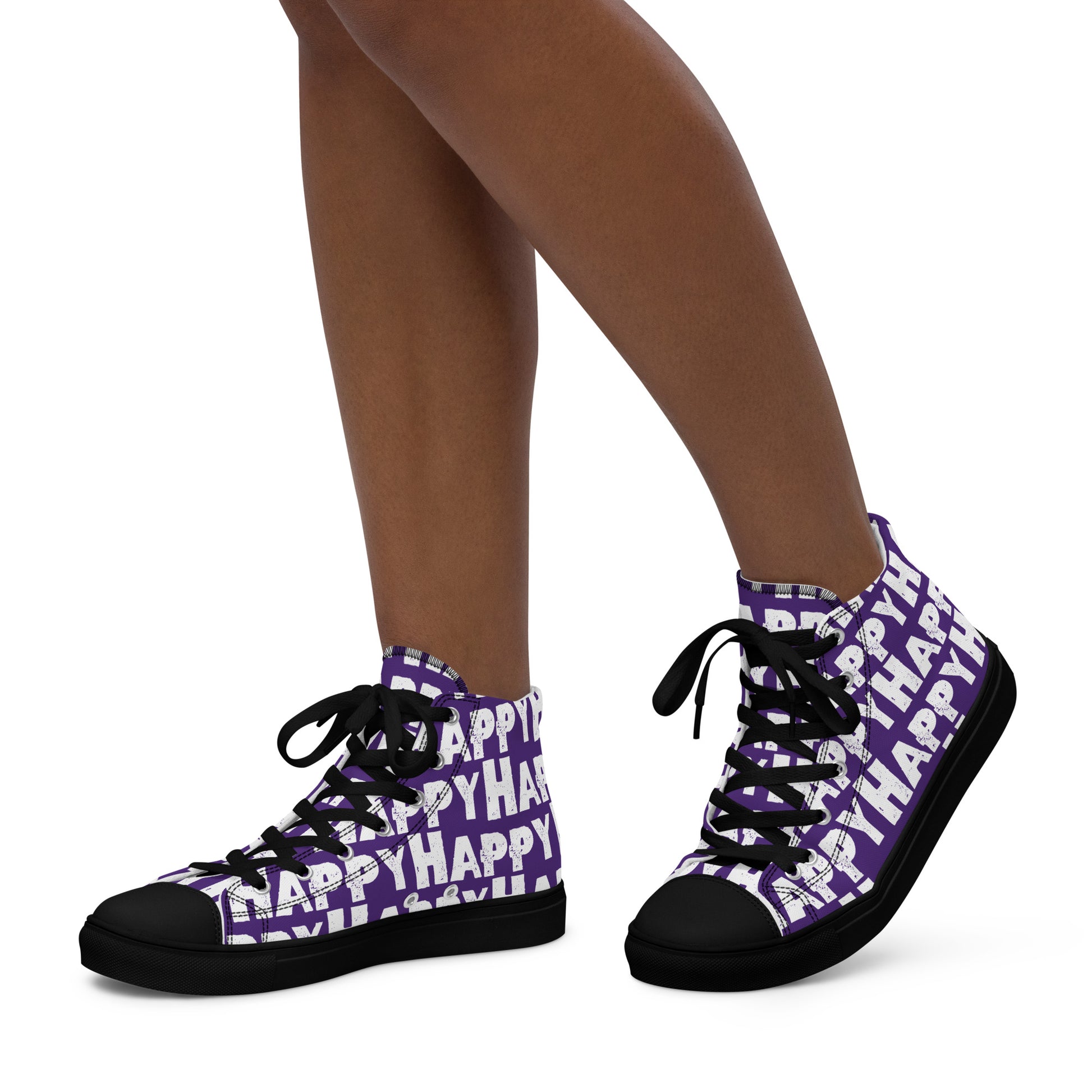 Womans feet walking in happy shoes Happy sponge printed high top canvas sneakers purple and white shoes black sole HappyStuff brand