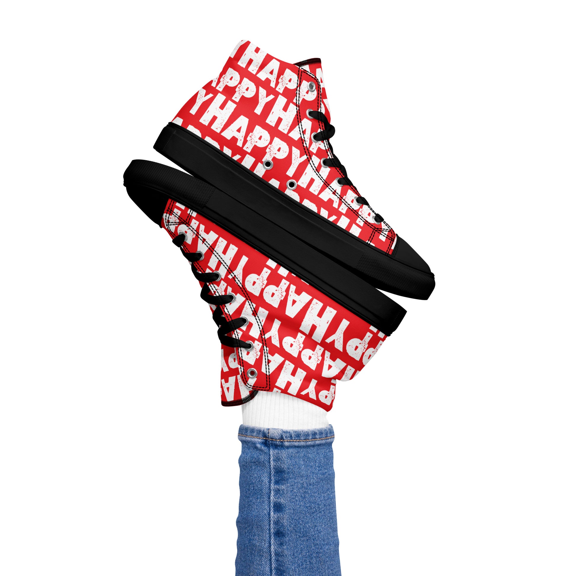 Womans right foot propping up a Happy Sponge Printed High Top Sneaker balancing left HappyStuff fun red and white shoes black sole