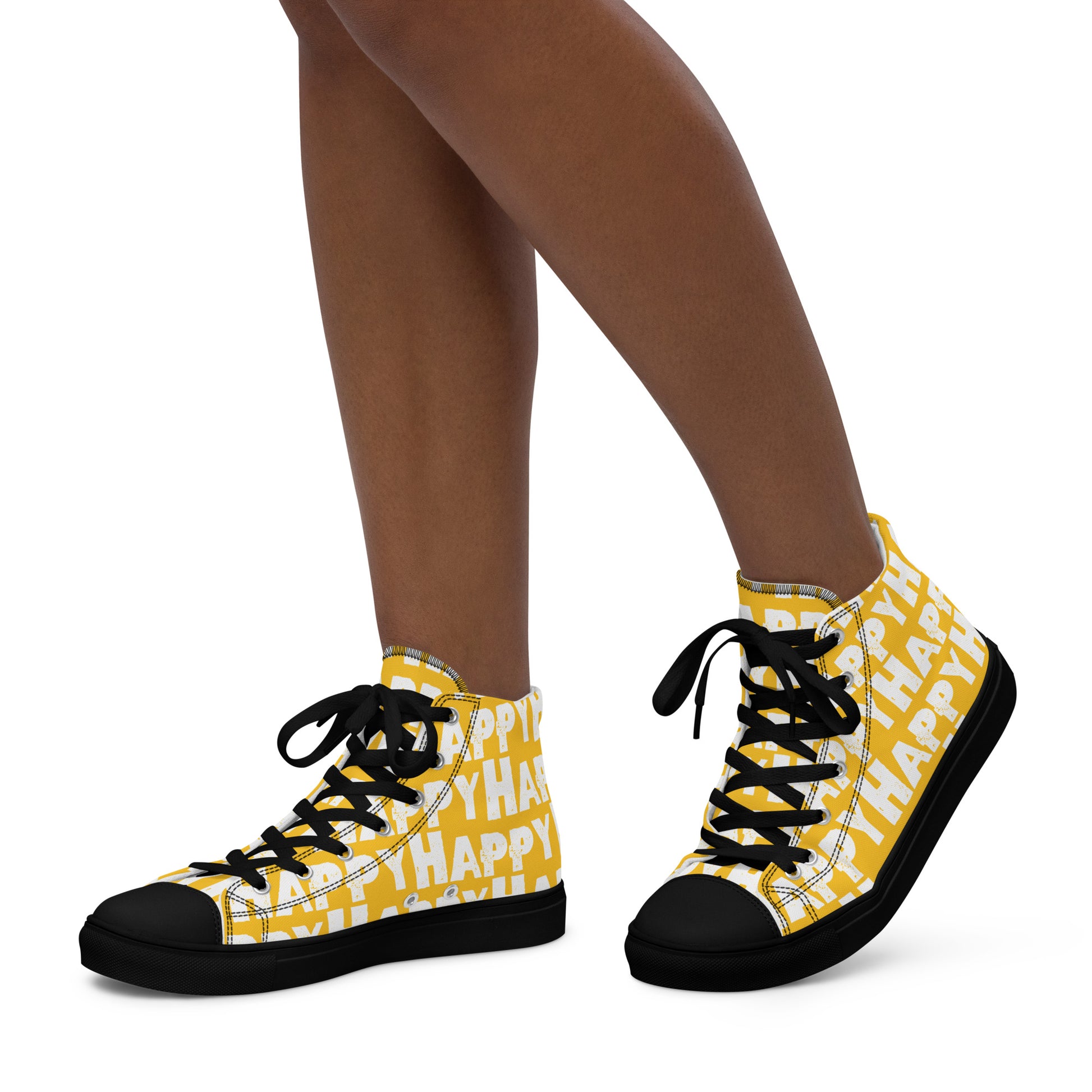 Womans feet walking in happy shoes Happy sponge printed high top canvas sneakers yellow and white shoes black sole HappyStuff brand