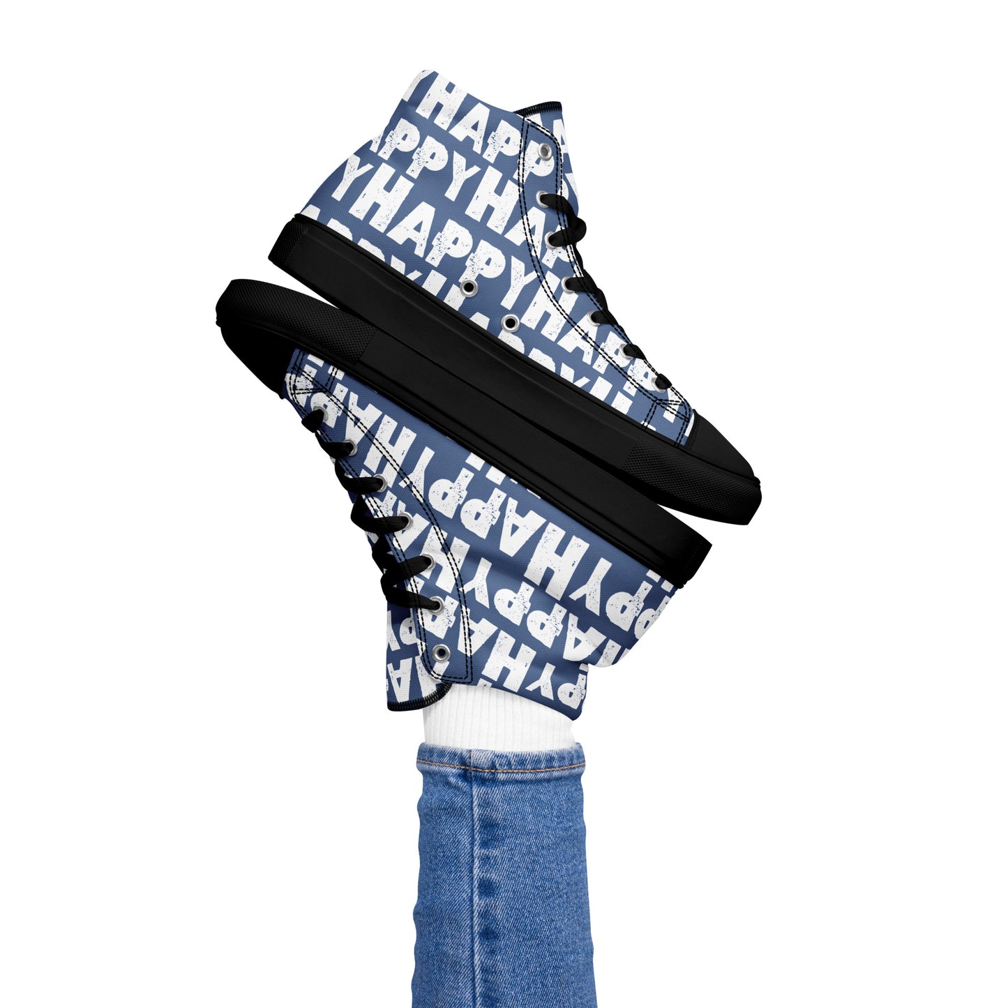 Womans right foot propping up a Happy Sponge Printed High Top Sneaker balancing left HappyStuff fun denim blue and white shoes black sole