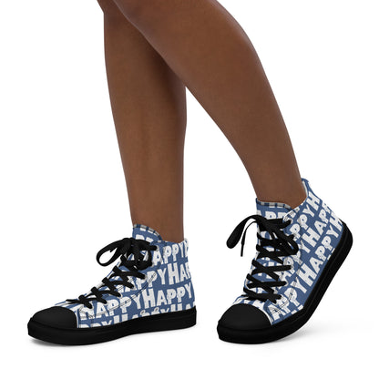 Womans feet walking in happy shoes Happy sponge printed high top canvas sneakers denim blue and white shoes black sole HappyStuff brand