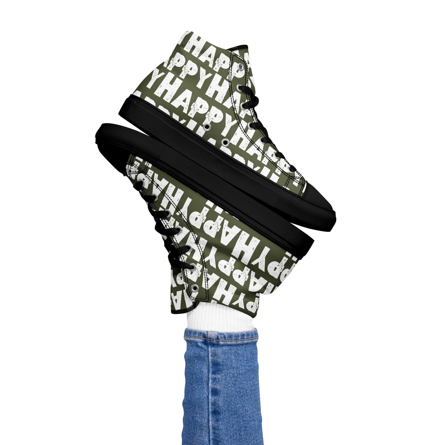 Womans right foot propping up a Happy Sponge Printed High Top Sneaker balancing left HappyStuff fun khaki green and white shoes black sole