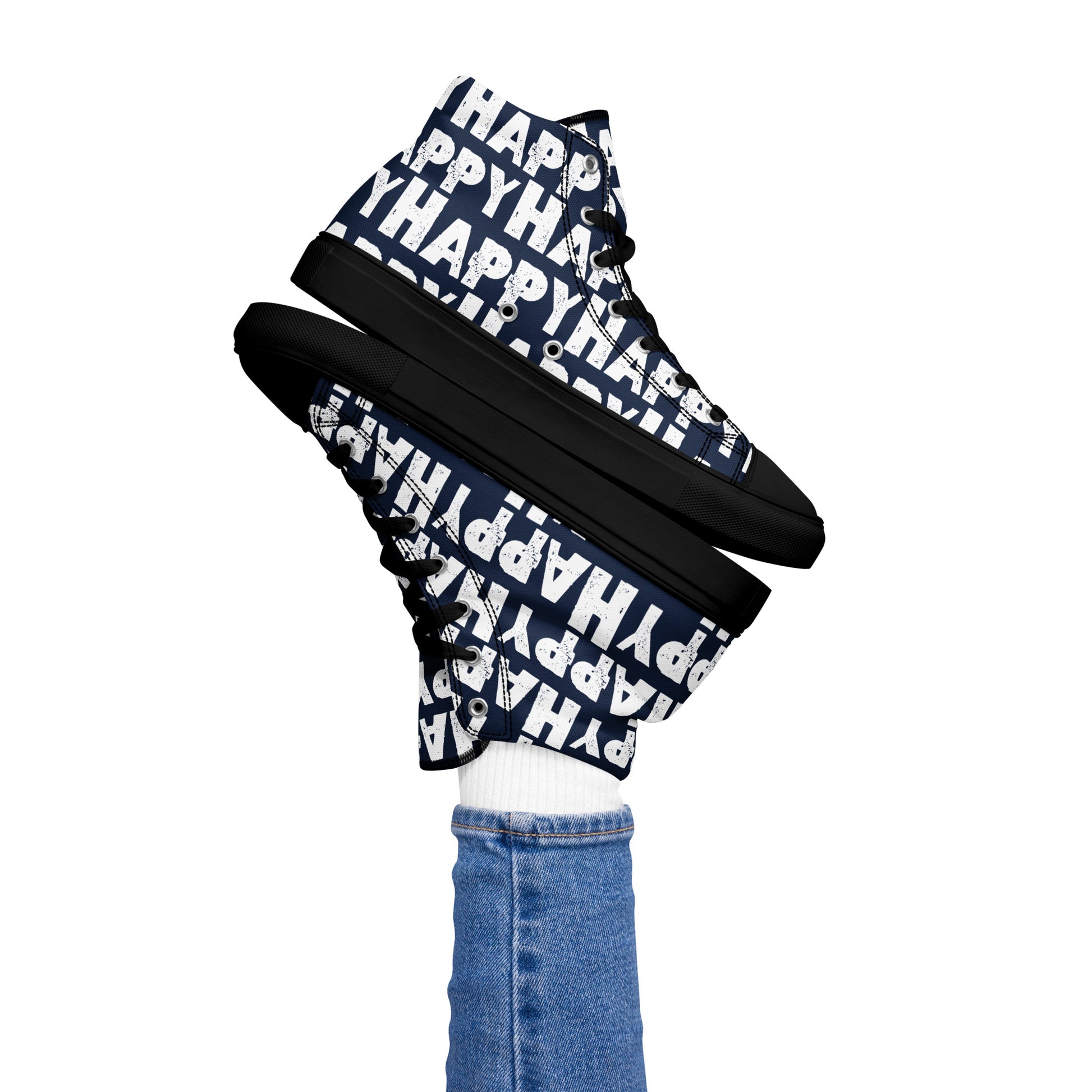 Womans right foot propping up a Happy Sponge Printed High Top Sneaker balancing left HappyStuff fun navy blue and white shoes black sole