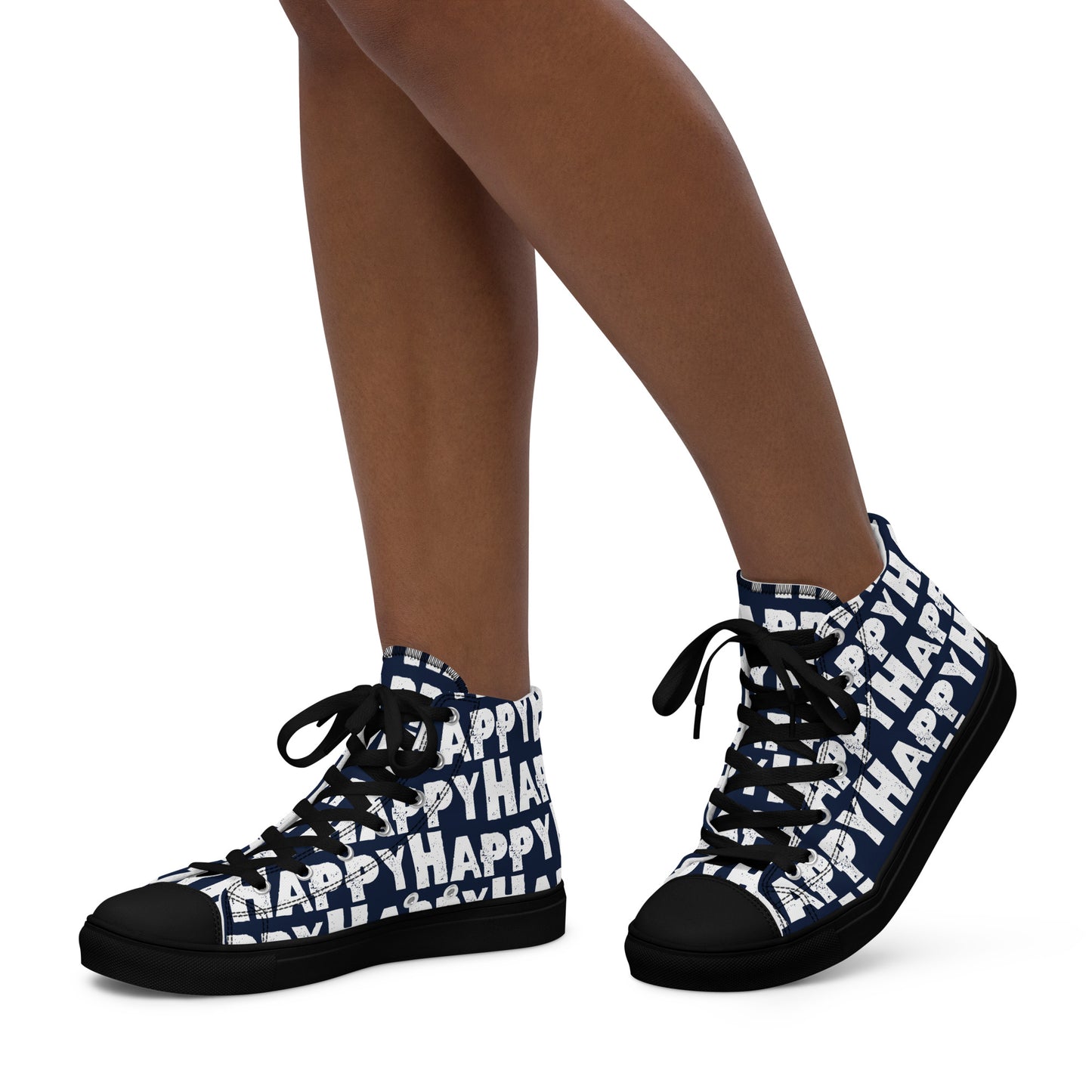 Womans feet walking in happy shoes Happy sponge printed high top canvas sneakers navy blue and white shoes black sole HappyStuff brand