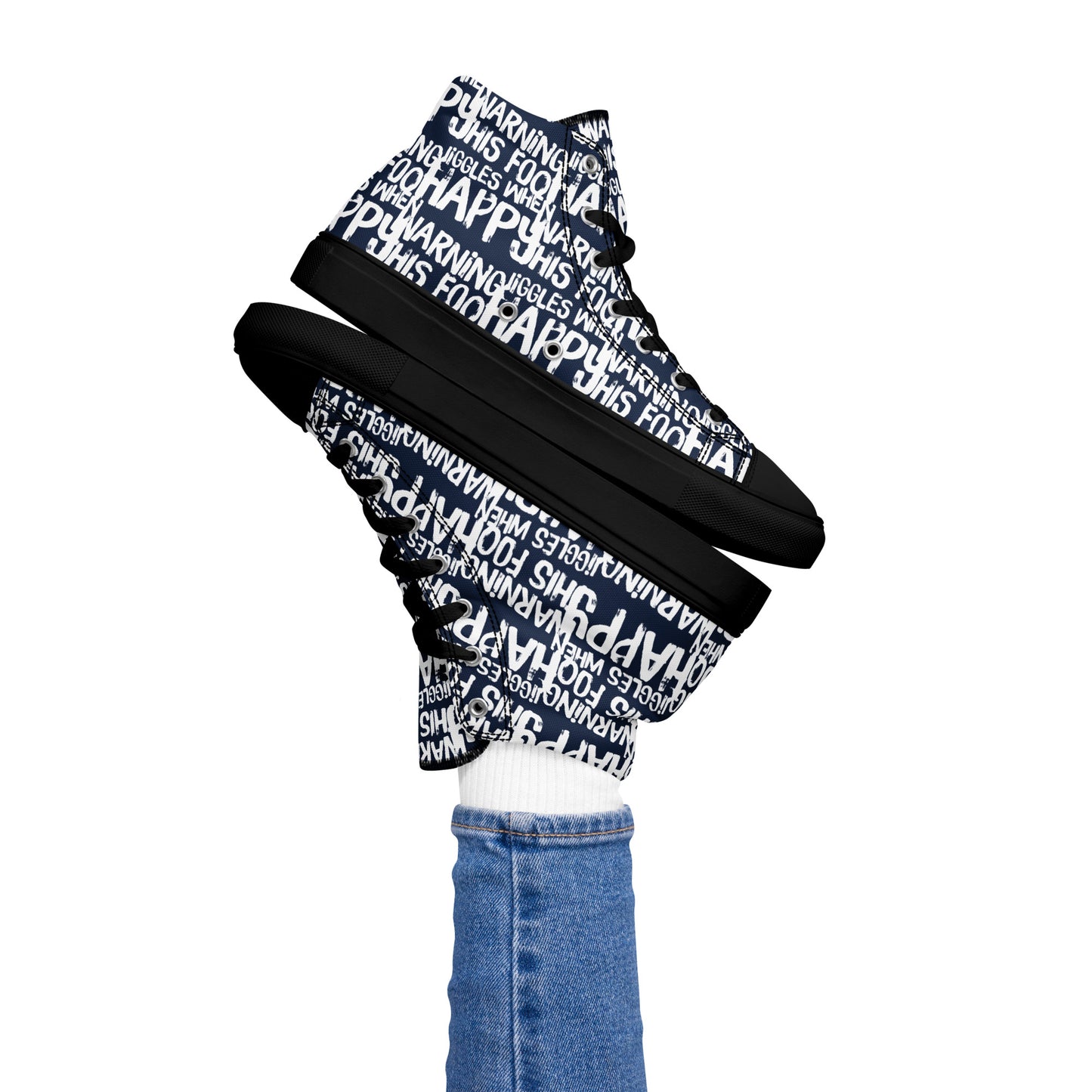 Women's High Tops "Warning This Foot Jiggles When Happy" Painted All Over Canvas Navy Blue Sneakers Black Sole