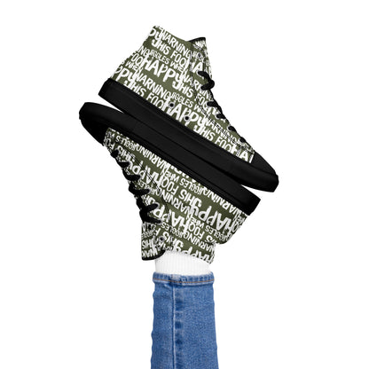 Women's High Tops "Warning This Foot Jiggles When Happy" Painted All Over Canvas Khaki Green Sneakers Black Sole