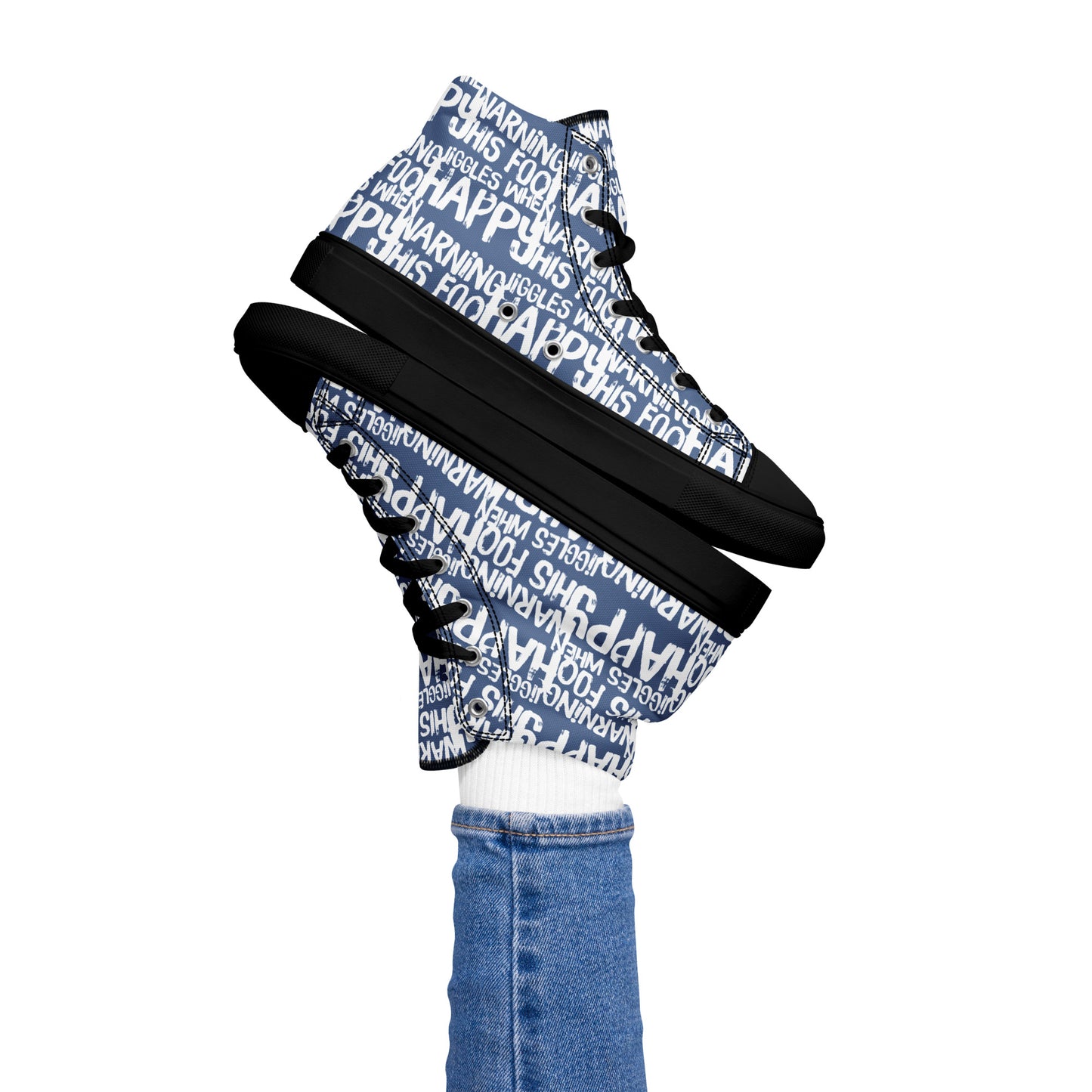 Women's High Tops "Warning This Foot Jiggles When Happy" Painted All Over Canvas Denim Blue Sneakers Black Sole