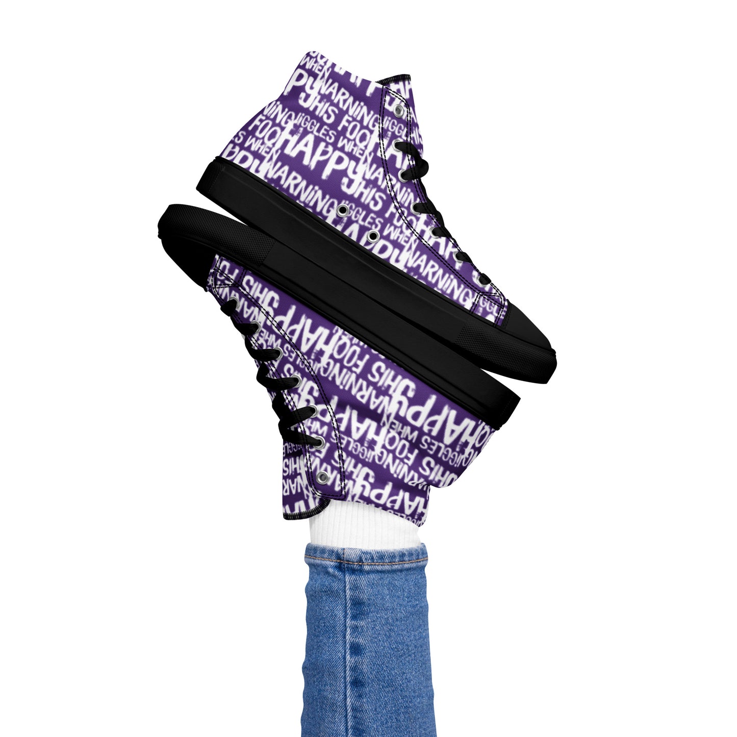 HappyStuff playful purple and white print high tops Warning This Foot Jiggles When Happy Right foot balancing left sneaker black sole