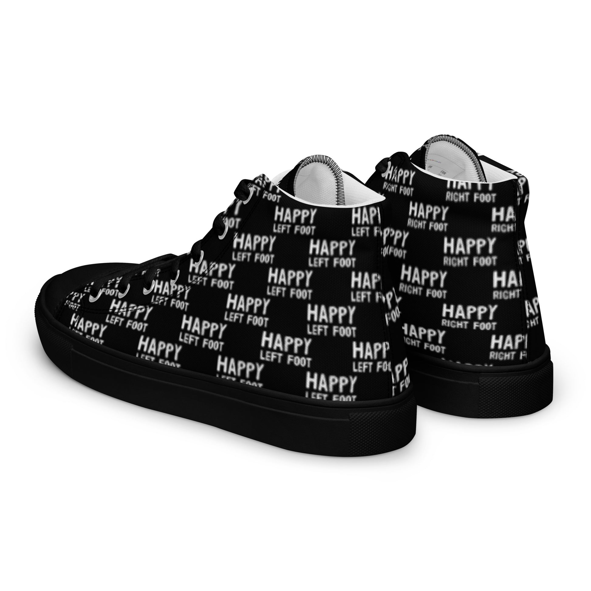 Womens sneakers side rear view HappyStuff black high tops black sole Happy Left Foot Happy Right Foot Pattern Print each on relevant shoe