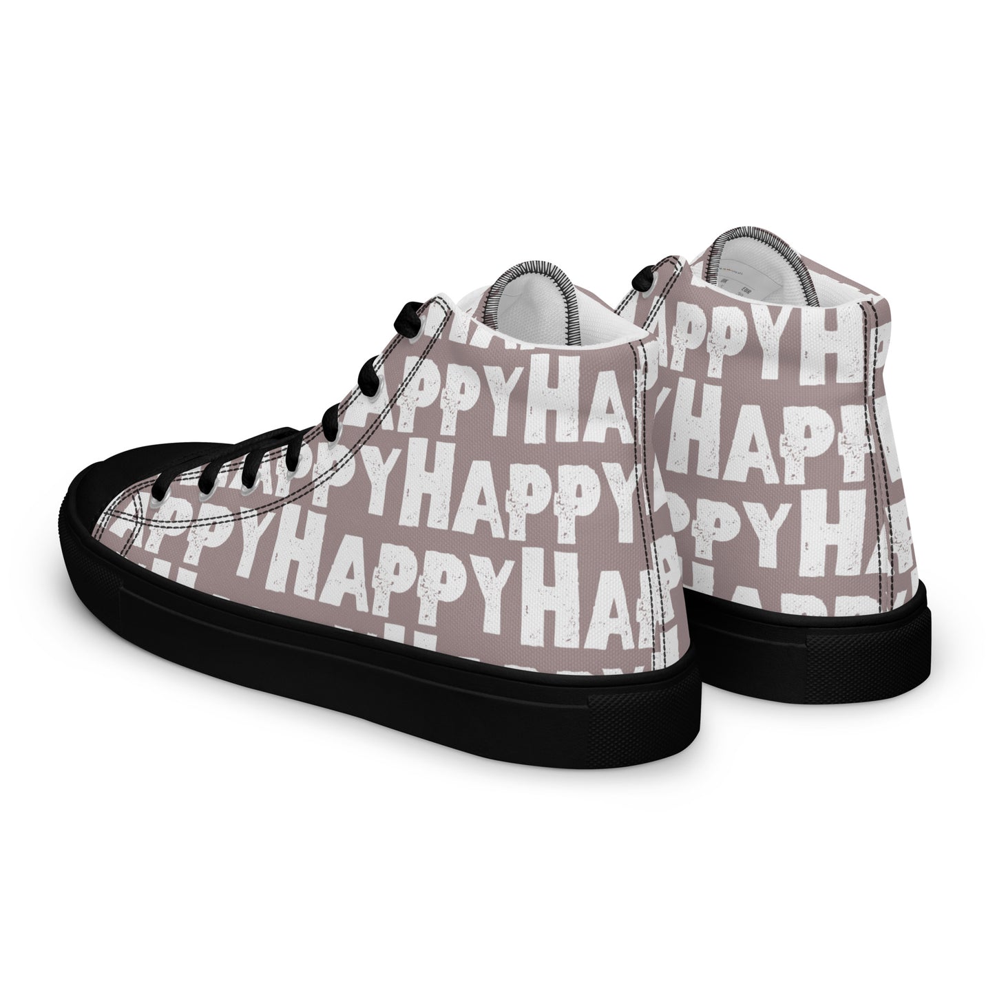 Womens Sneakers side rear view taupe and white Happy Sponge Print High Tops black sole HappyStuff brand