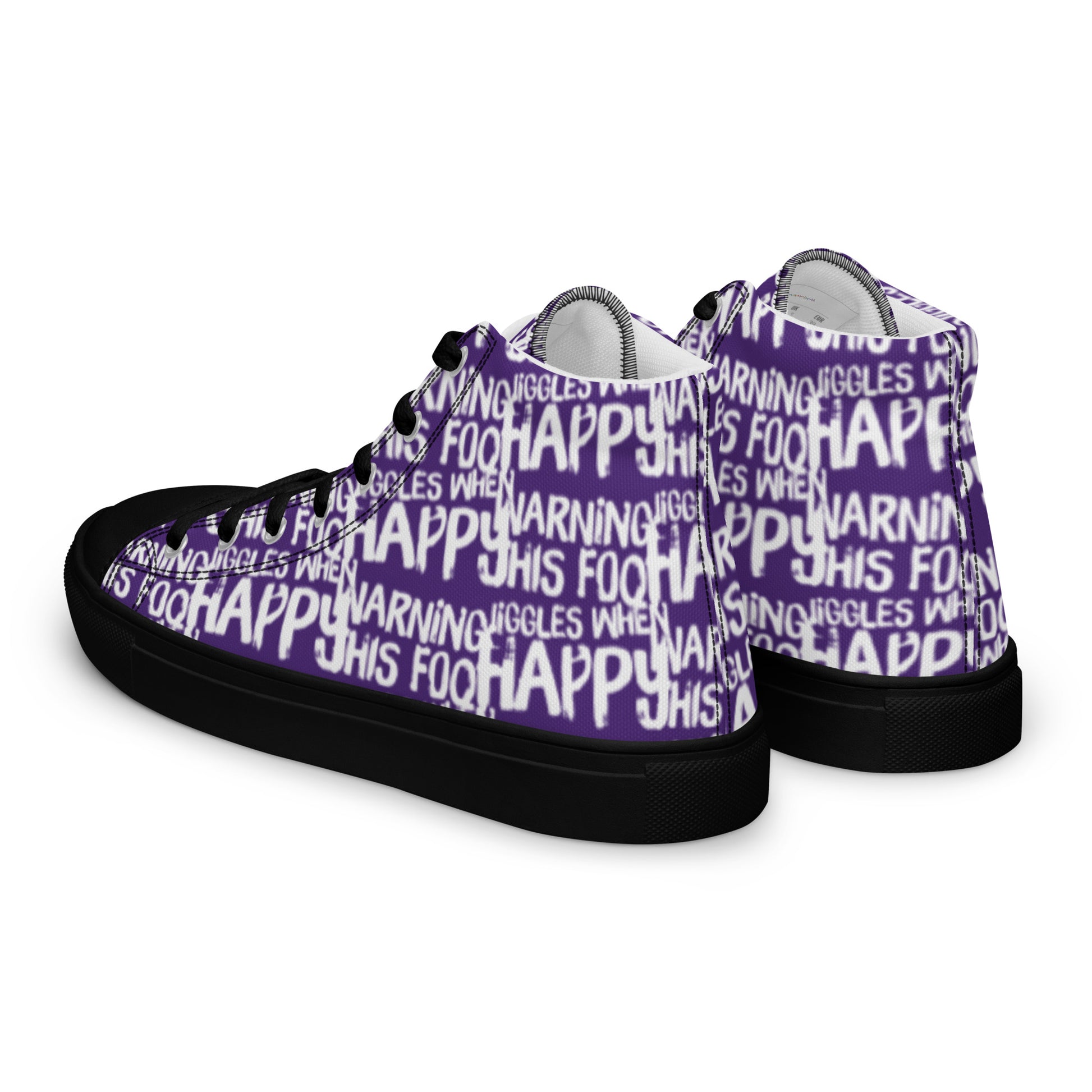 Womens sneakers side rear view HappyStuff purple high tops with playful white print Warning This Foot Jiggles When Happy black sole