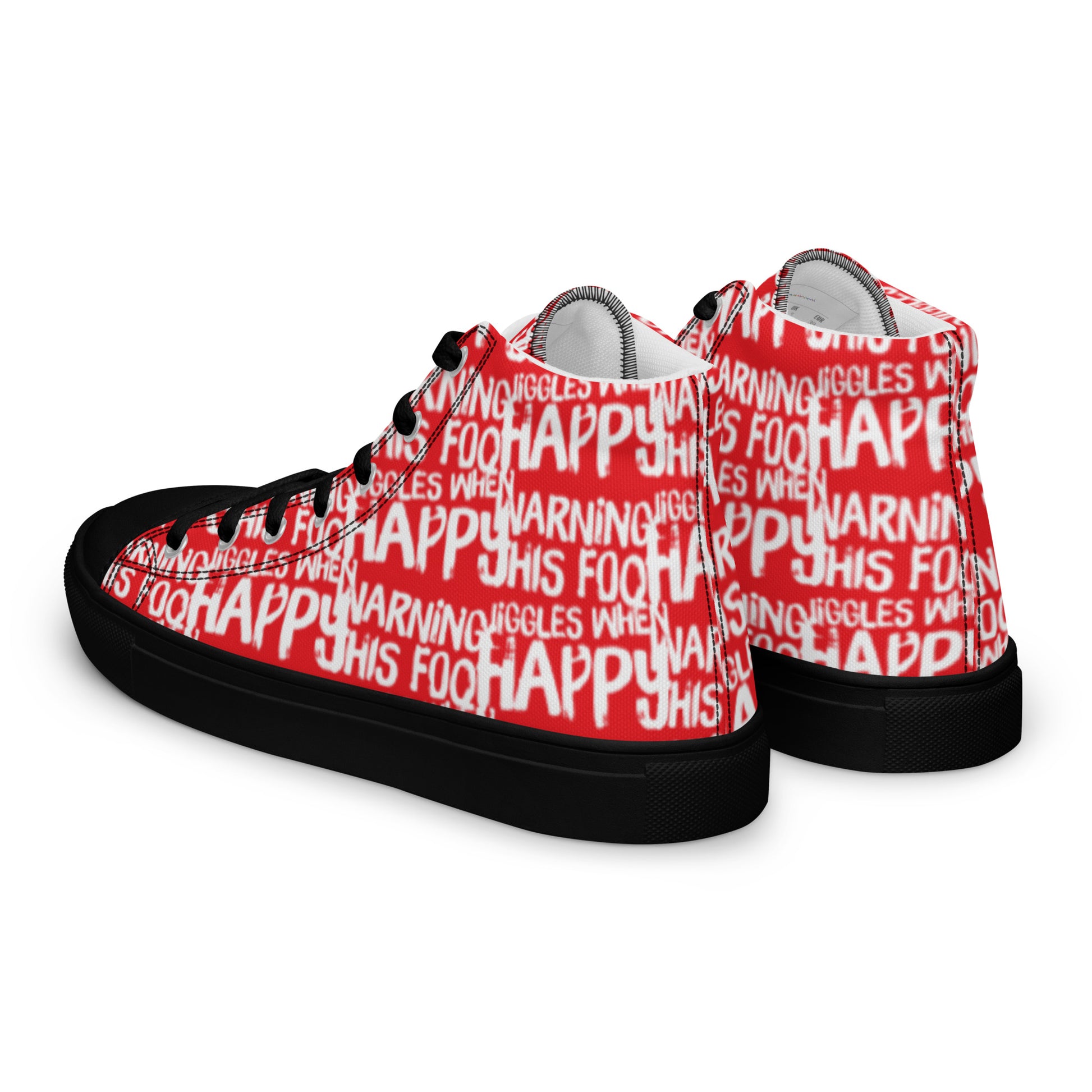 Womens sneakers side rear view HappyStuff red high tops with playful white print Warning This Foot Jiggles When Happy black sole