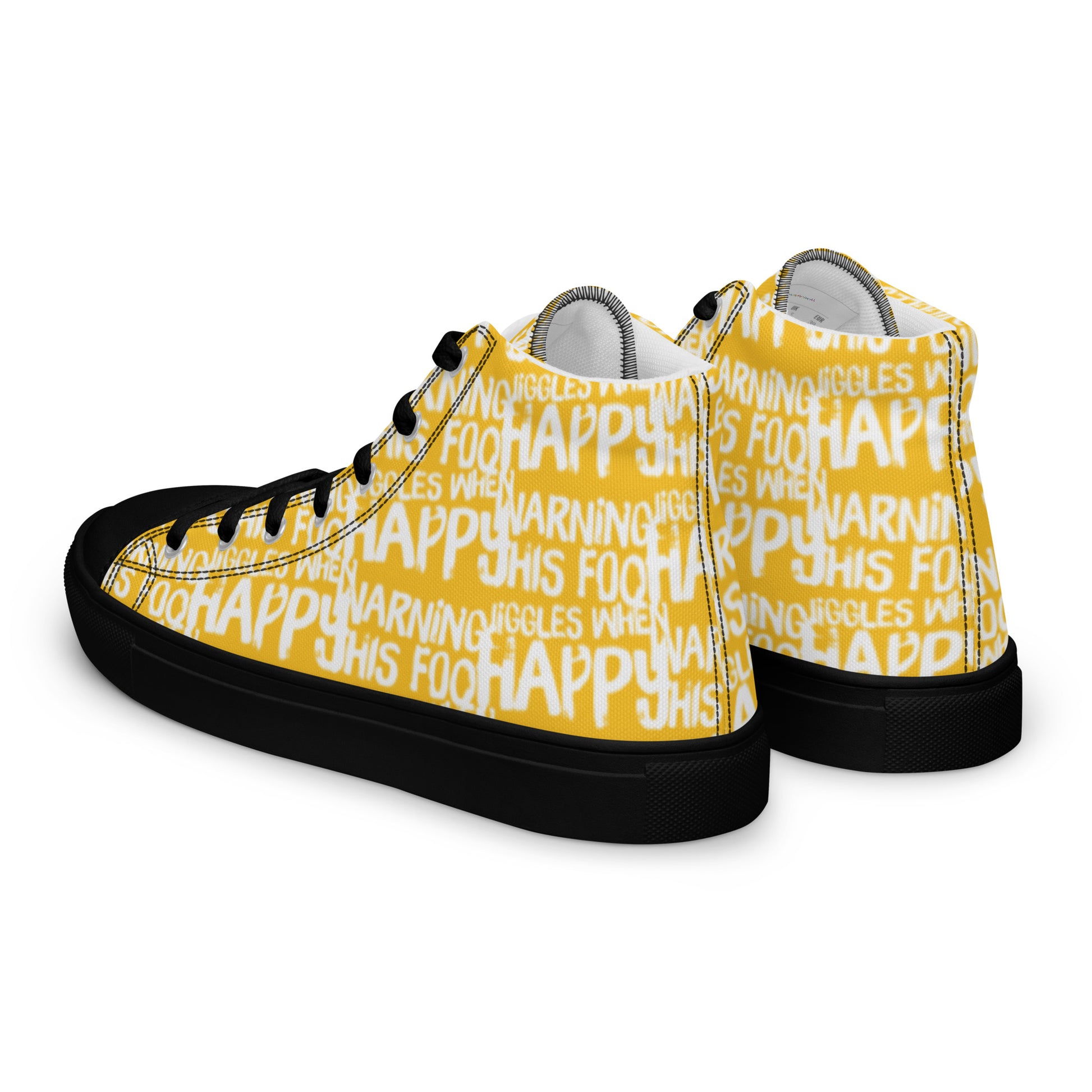 Womens sneakers side rear view HappyStuff yellow high tops with playful white print Warning This Foot Jiggles When Happy black sole