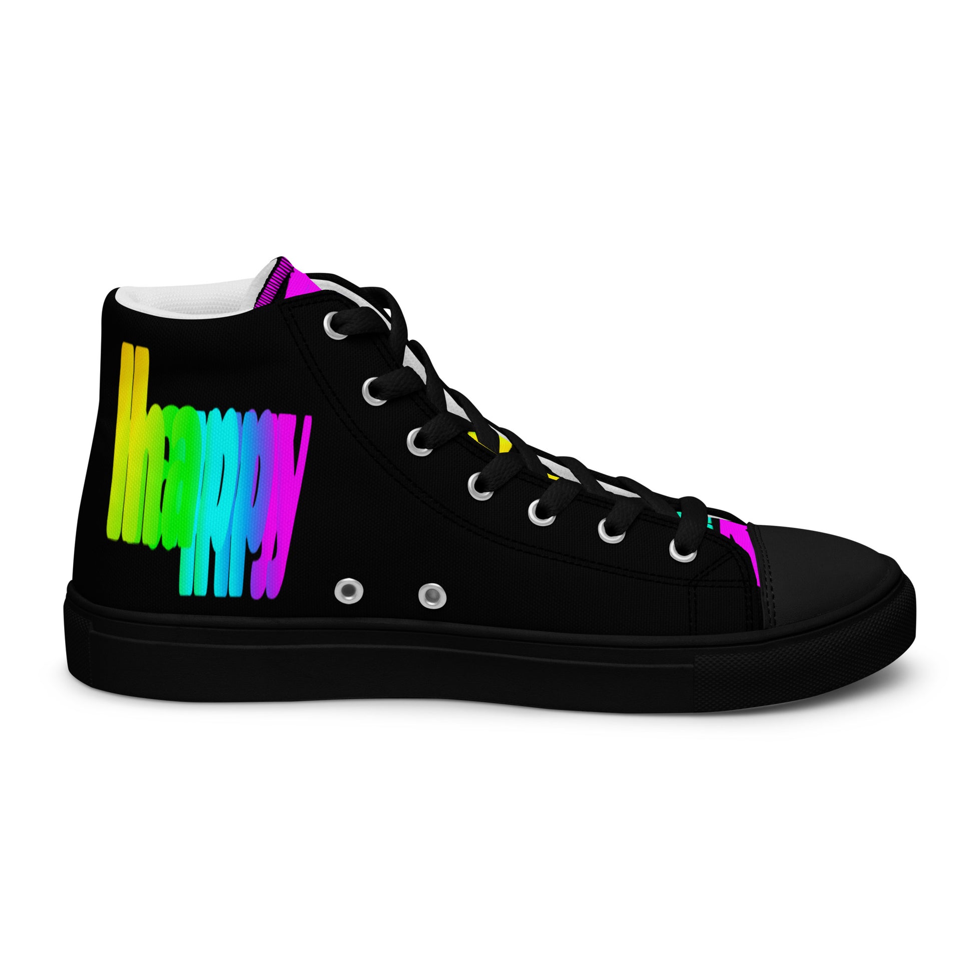 Rainbow shoes HappyStuff womens black high top sneakers black sole Happy Rainbow Painted Print bright colour spectrum left shoe inside view