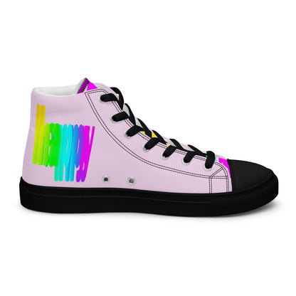 Rainbow shoes HappyStuff womens pink high top sneakers black sole Happy Rainbow Painted Print bright colour spectrum left shoe inside view