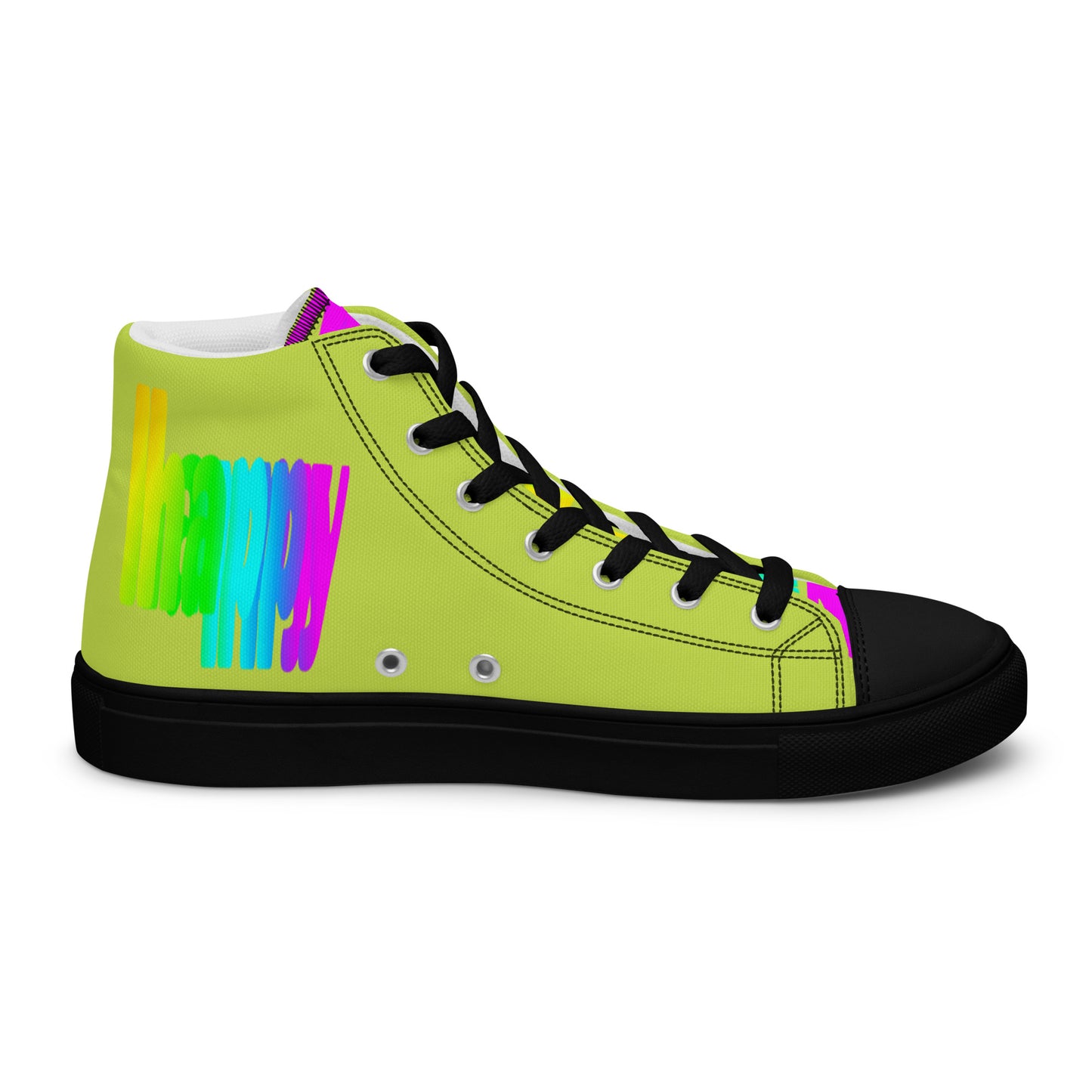 Rainbow shoes HappyStuff womens green high top sneakers black sole Happy Rainbow Painted Print bright colour spectrum left shoe inside view