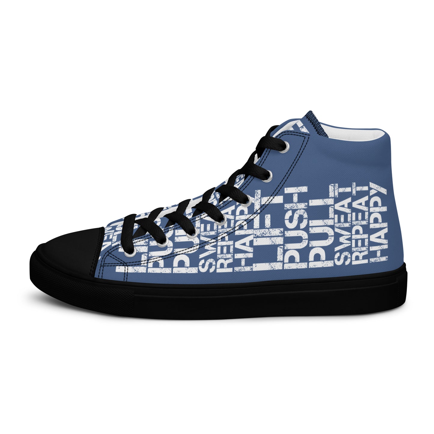 Left shoe side view womens denim blue high top sneakers with white lift push pull sweat repeat happy distress print gym shoe black sole HappyStuff brand