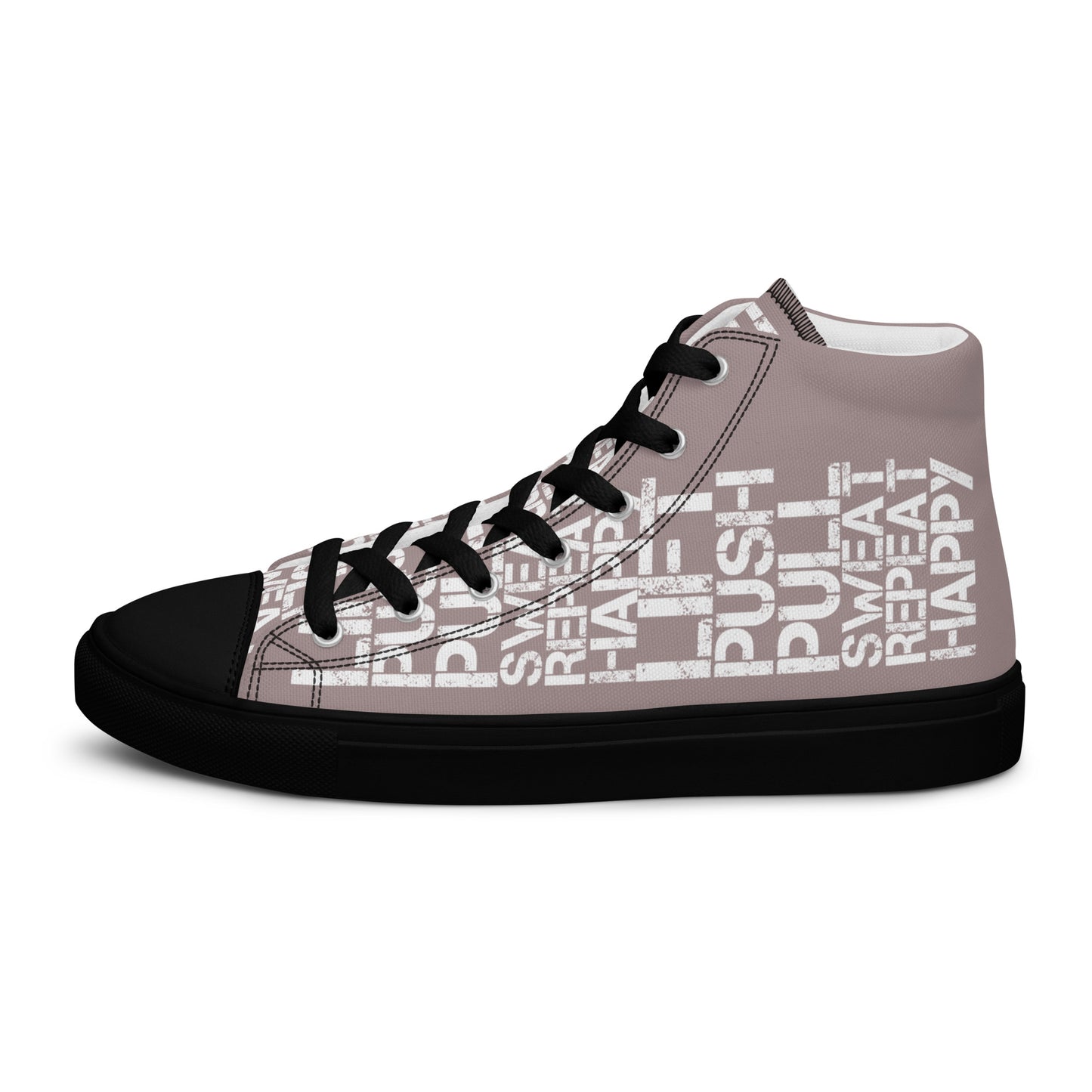 Left shoe side view womens taupe high top sneakers with white lift push pull sweat repeat happy distress print gym shoe black sole HappyStuff brand