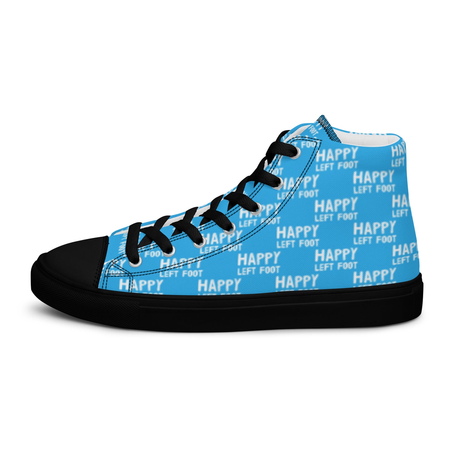 Left shoe side view HappyStuff womens blue high top sneakers black sole with white playful pattern print of Happy Left Foot