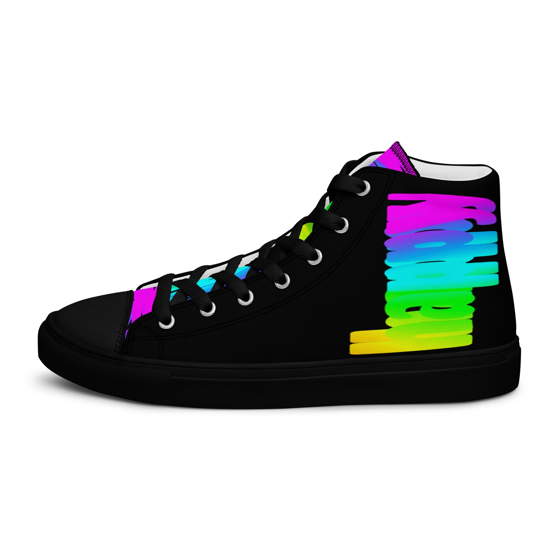 Left shoe side view HappyStuff womens black high top sneakers black sole Happy Rainbow Painted Print bright colour spectrum rainbow shoes