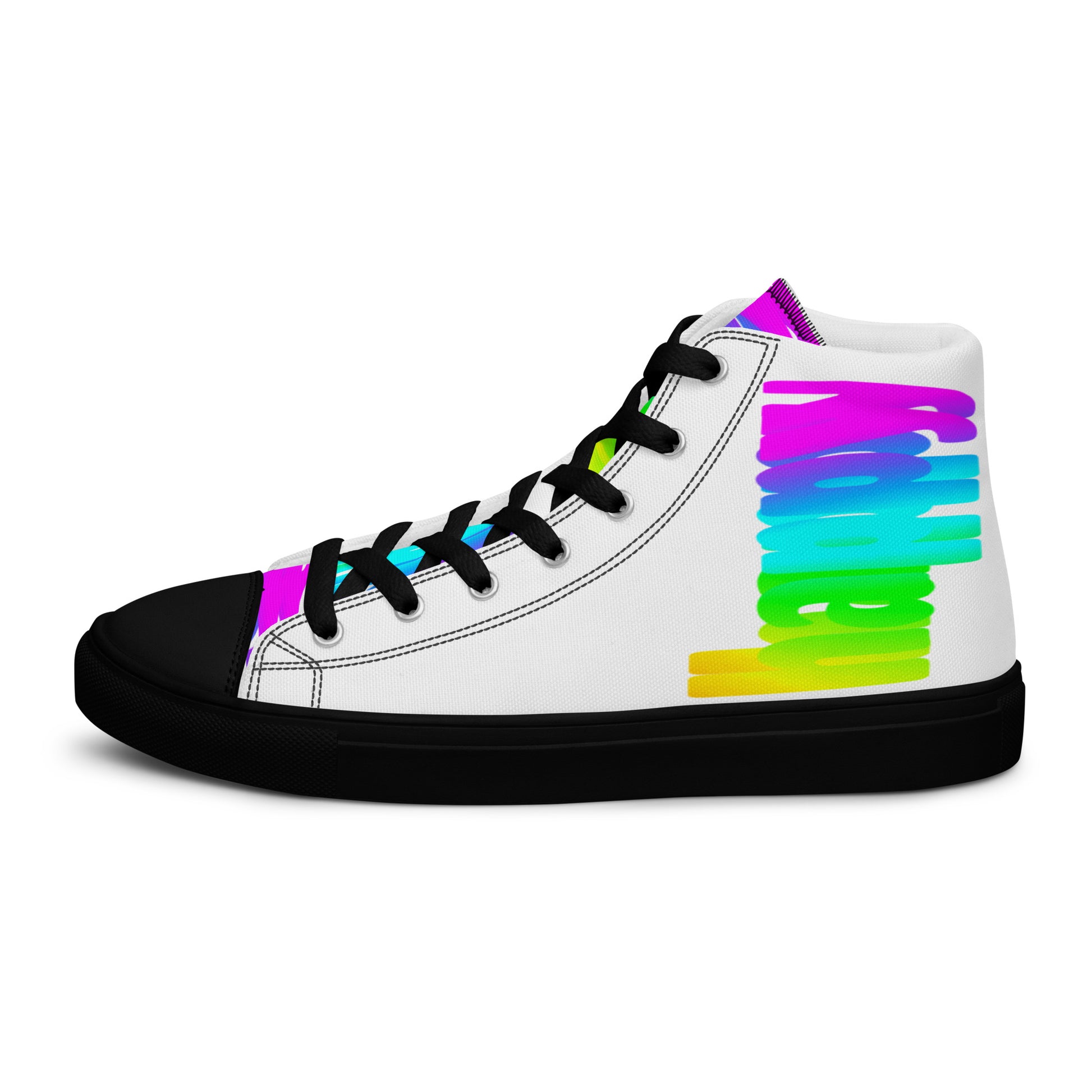 Left shoe side view HappyStuff womens white high top sneakers black sole Happy Rainbow Painted Print bright colour spectrum rainbow shoes