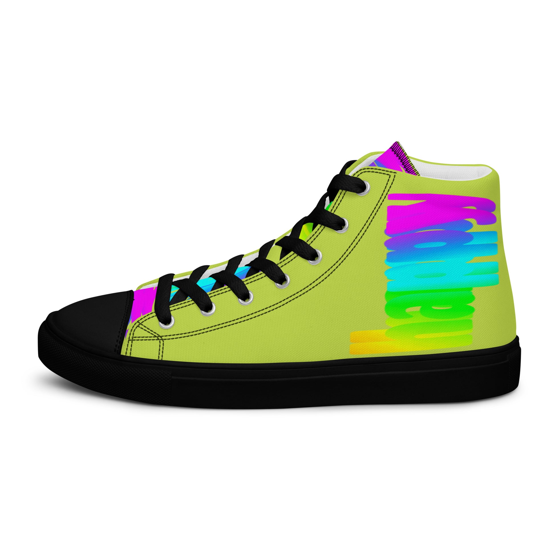 Left shoe side view HappyStuff womens green high top sneakers black sole Happy Rainbow Painted Print bright colour spectrum rainbow shoes