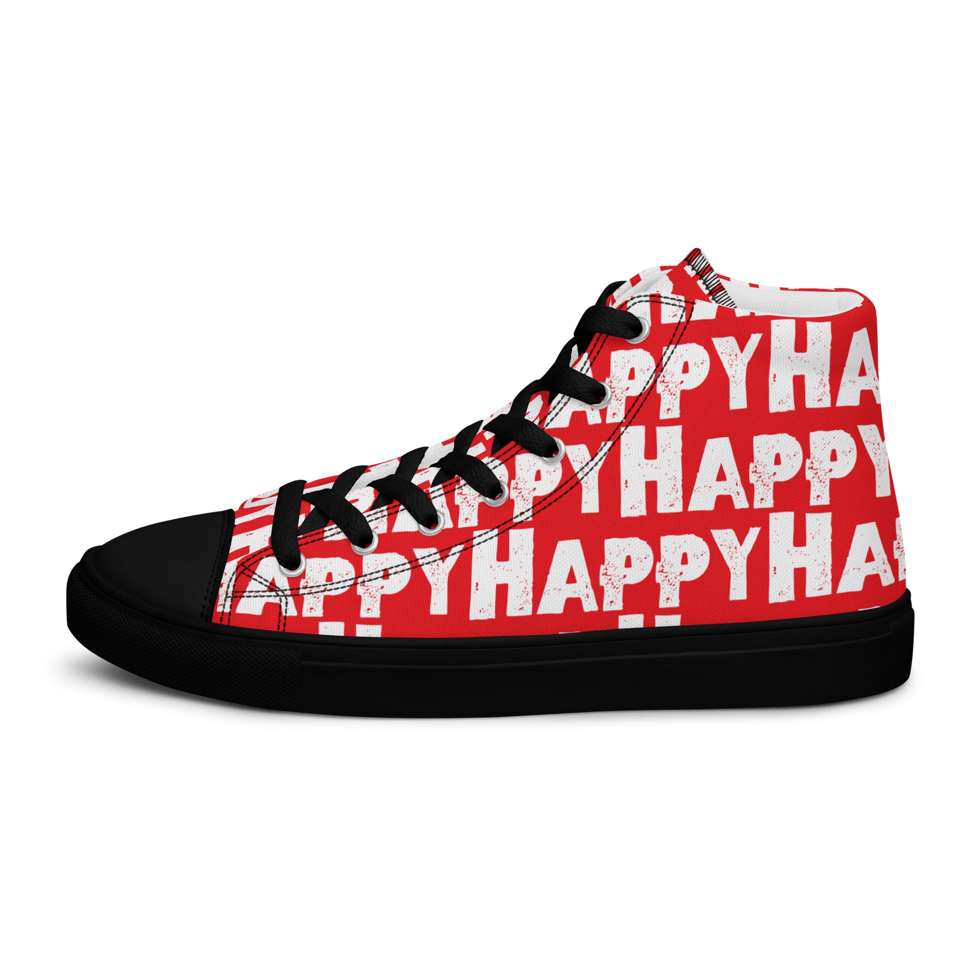 Cool Shoes Womens Sneakers outside view left shoe red and white Happy Sponge Print High Top Sneakers black sole HappyStuff brand