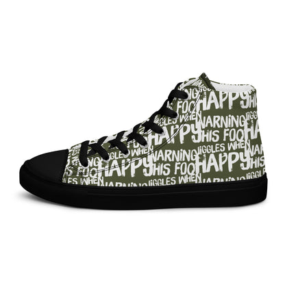 Women's High Tops "Warning This Foot Jiggles When Happy" Painted All Over Canvas Khaki Green Sneakers Black Sole