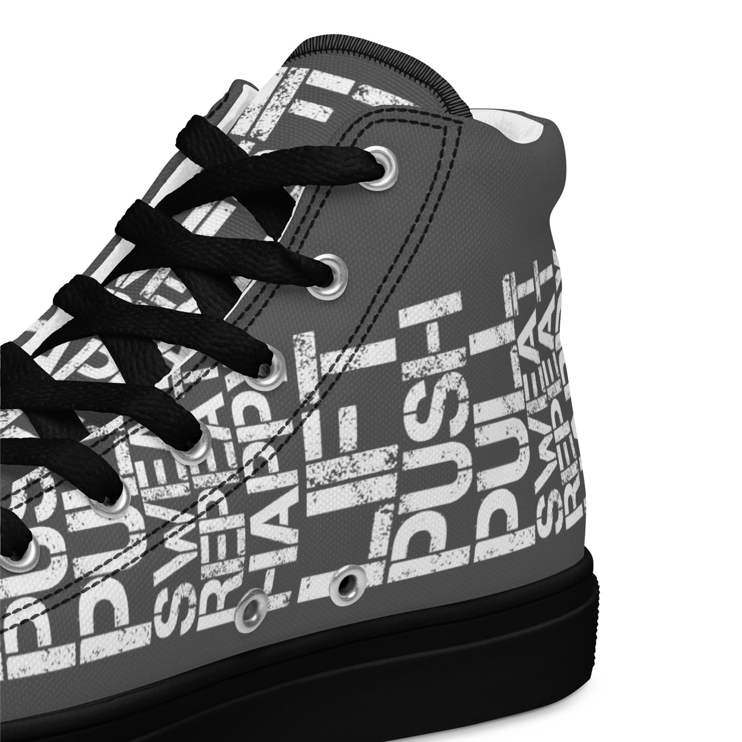 HappyStuff slate grey high tops black sole with lift push pull sweat repeat happy distress print slate grey and white closeup view inside heel side