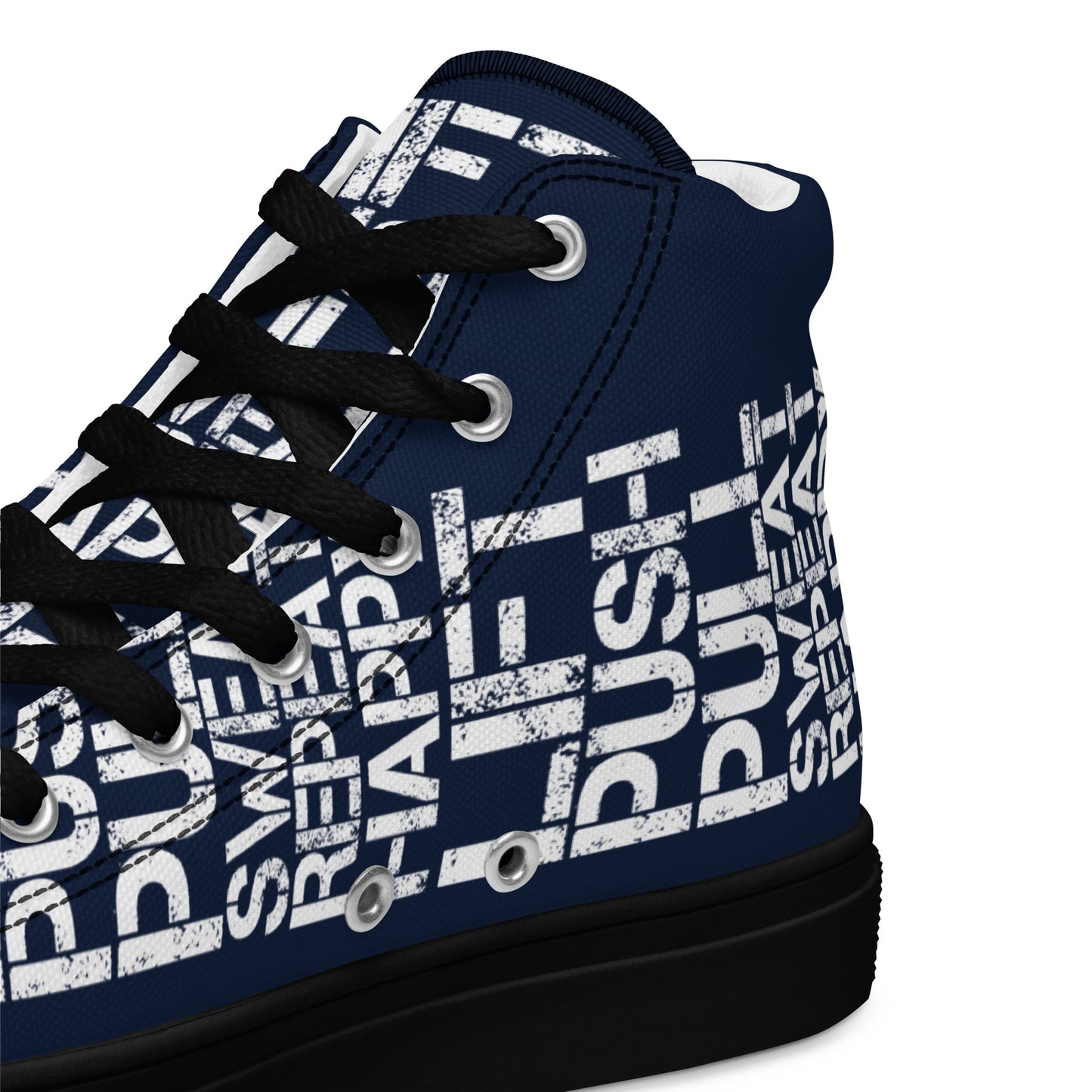 HappyStuff navy blue high tops black sole with lift push pull sweat repeat happy distress print navy blue and white closeup view inside heel side