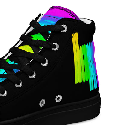 HappyStuff black high tops black sole rainbow shoes Happy Rainbow Painted Print bright colour spectrum tongue closeup view inside heel side