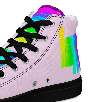 HappyStuff pink high tops black sole rainbow shoes Happy Rainbow Painted Print bright colour spectrum tongue closeup view inside heel side