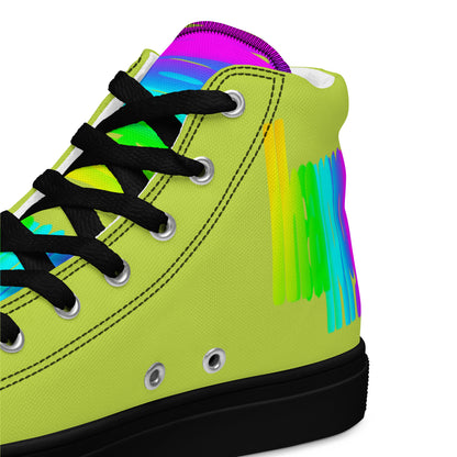 HappyStuff green high tops black sole rainbow shoes Happy Rainbow Painted Print bright colour spectrum tongue closeup view inside heel side