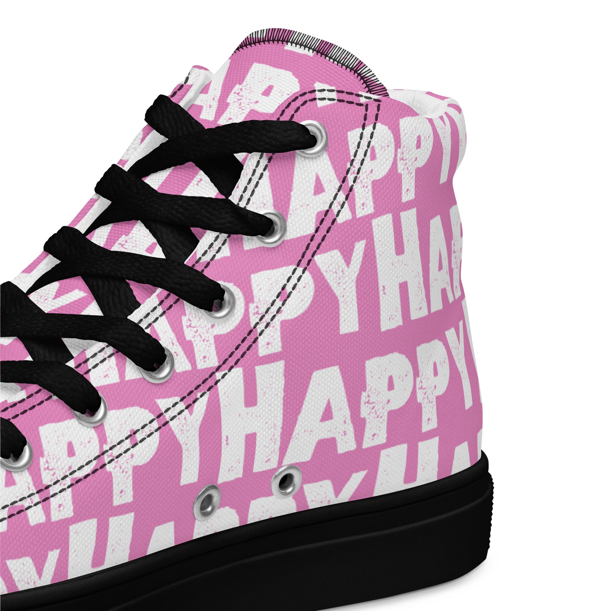 Womens Sneakers heel side closeup  pink and white Happy Sponge Print High Tops HappyStuff brand