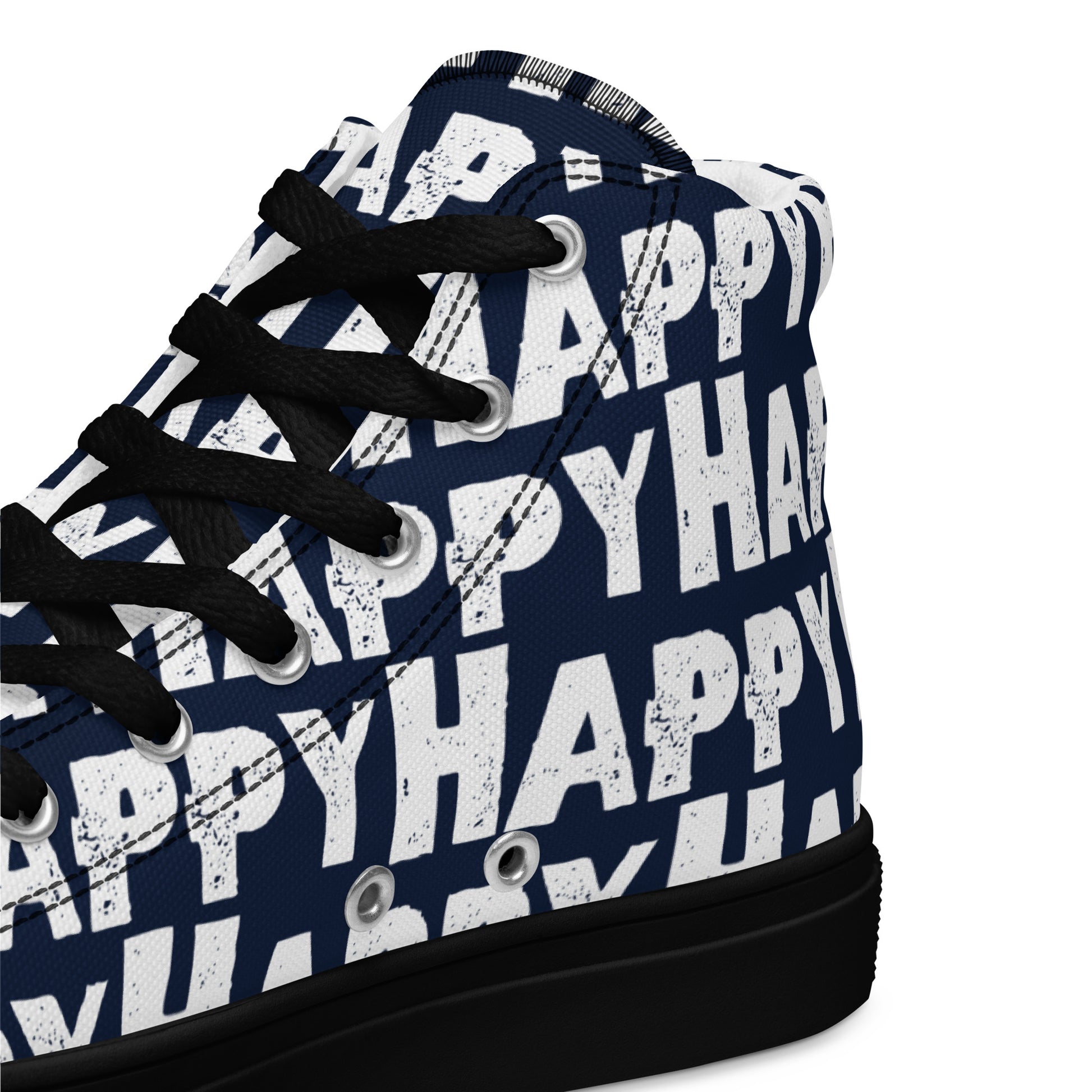 Womens Sneakers heel side closeup  navy blue and white Happy Sponge Print High Tops HappyStuff brand