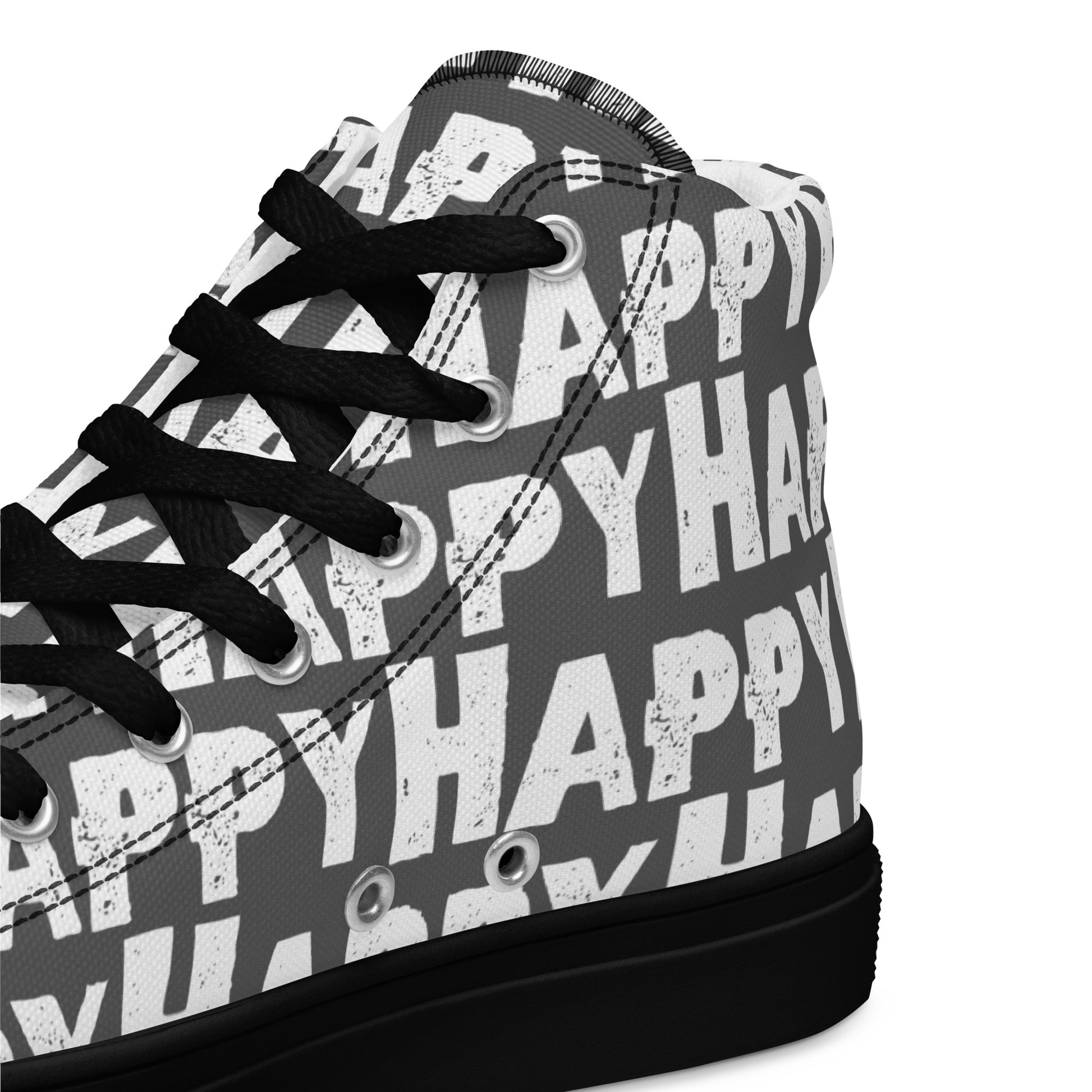 Womens Sneakers heel side closeup slate grey and white Happy Sponge Print High Tops black sole HappyStuff brand