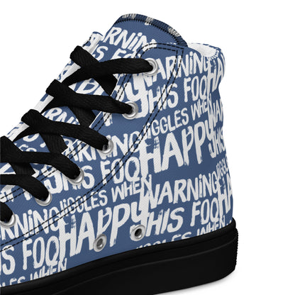 Women's High Tops "Warning This Foot Jiggles When Happy" Painted All Over Canvas Denim Blue Sneakers Black Sole