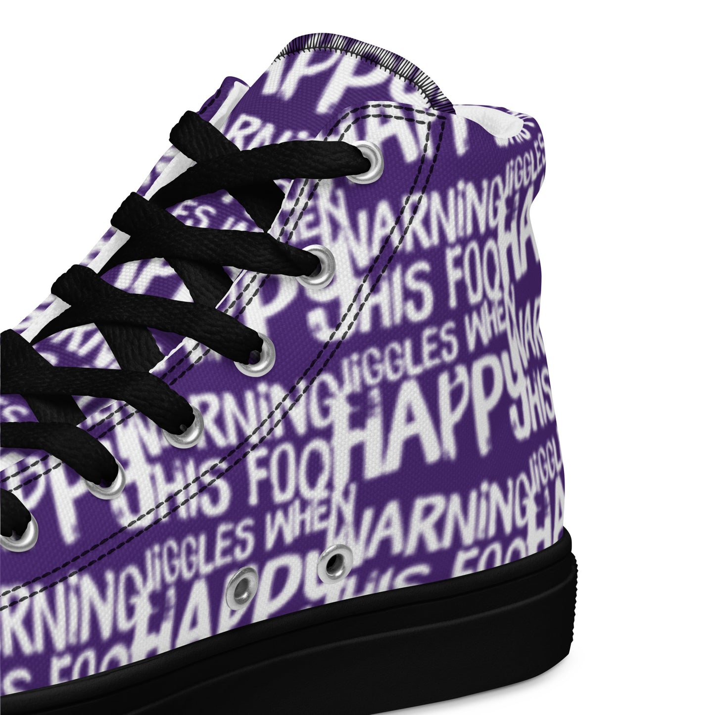 HappyStuff purple high tops with playful white print Warning This Foot Jiggles When Happy inside heel side closeup view black sole