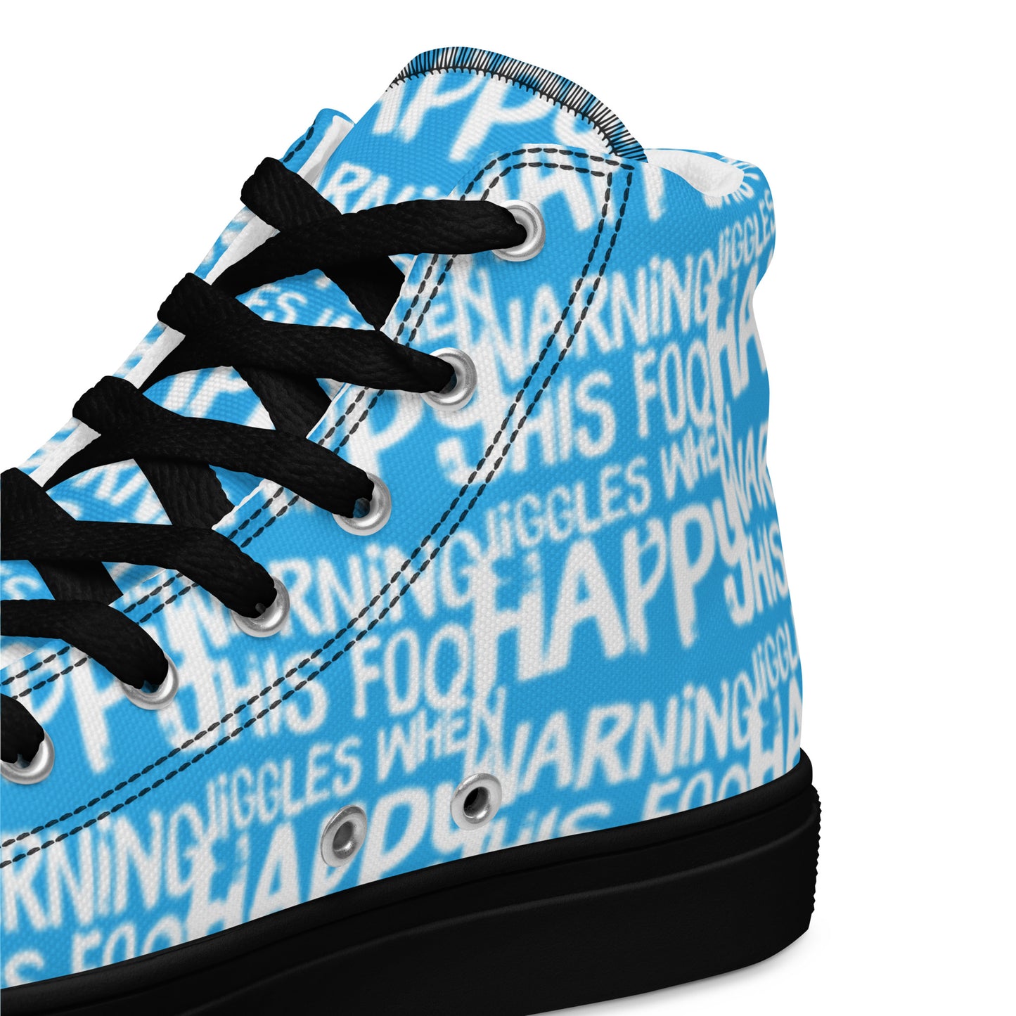 HappyStuff blue high tops with playful white print Warning This Foot Jiggles When Happy inside heel side closeup view black sole