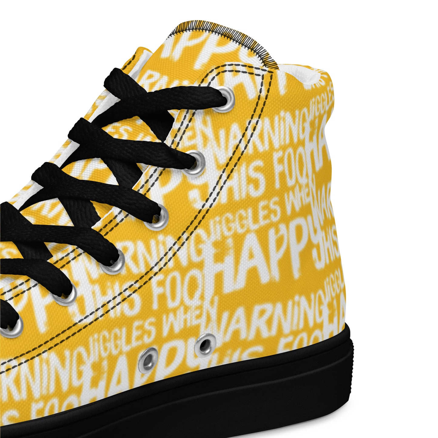 HappyStuff yellow high tops with playful white print Warning This Foot Jiggles When Happy inside heel side closeup view black sole