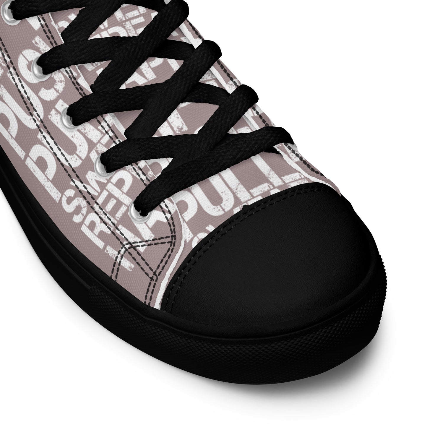 Taupe high tops lift push pull sweat repeat happy distress print gym shoe black sole black laces black faux leather toe cap closeup HappyStuff brand